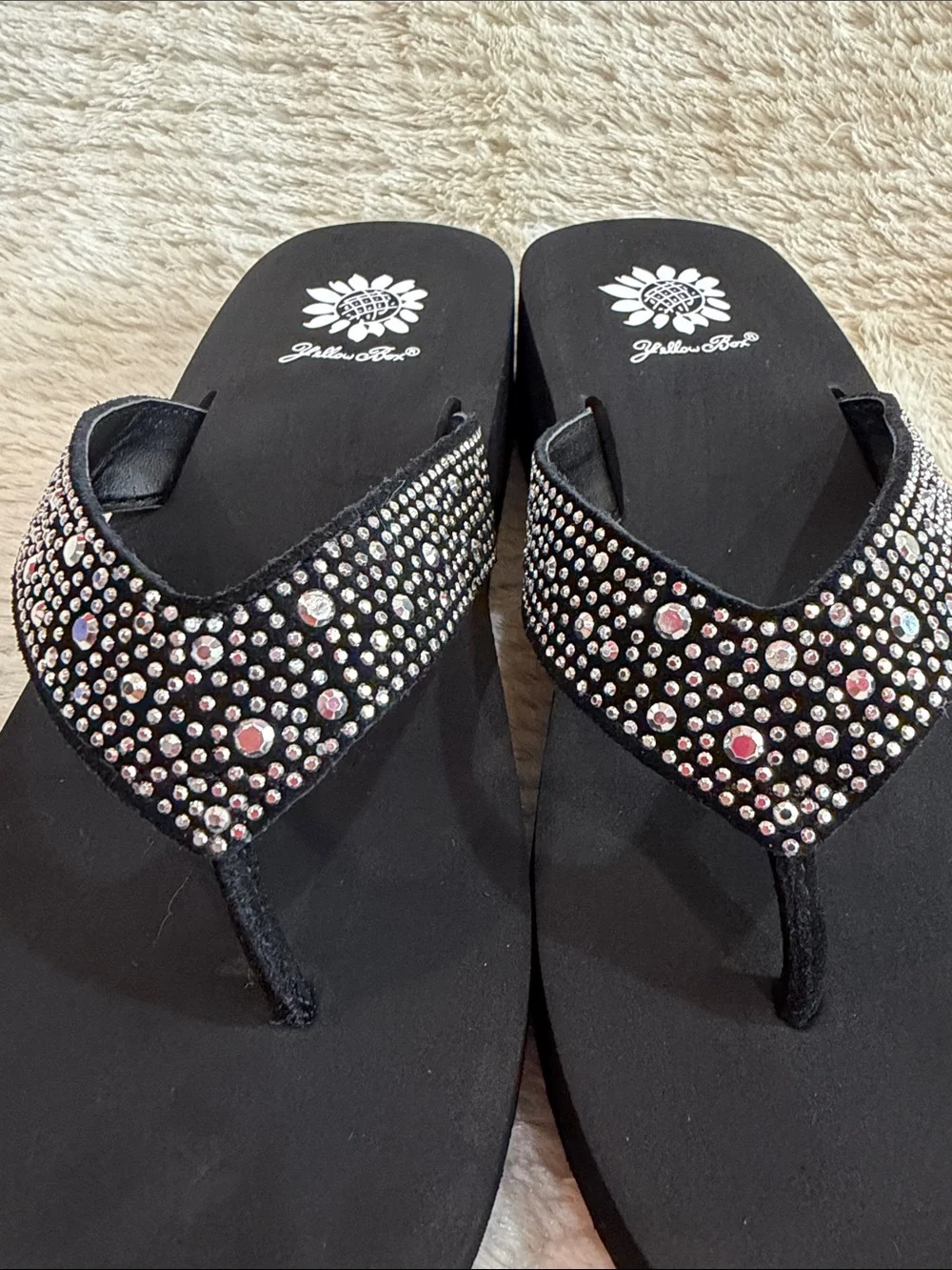 Yellow Box Black Rhinestone Wedge Sandals - Picture 6 of 7